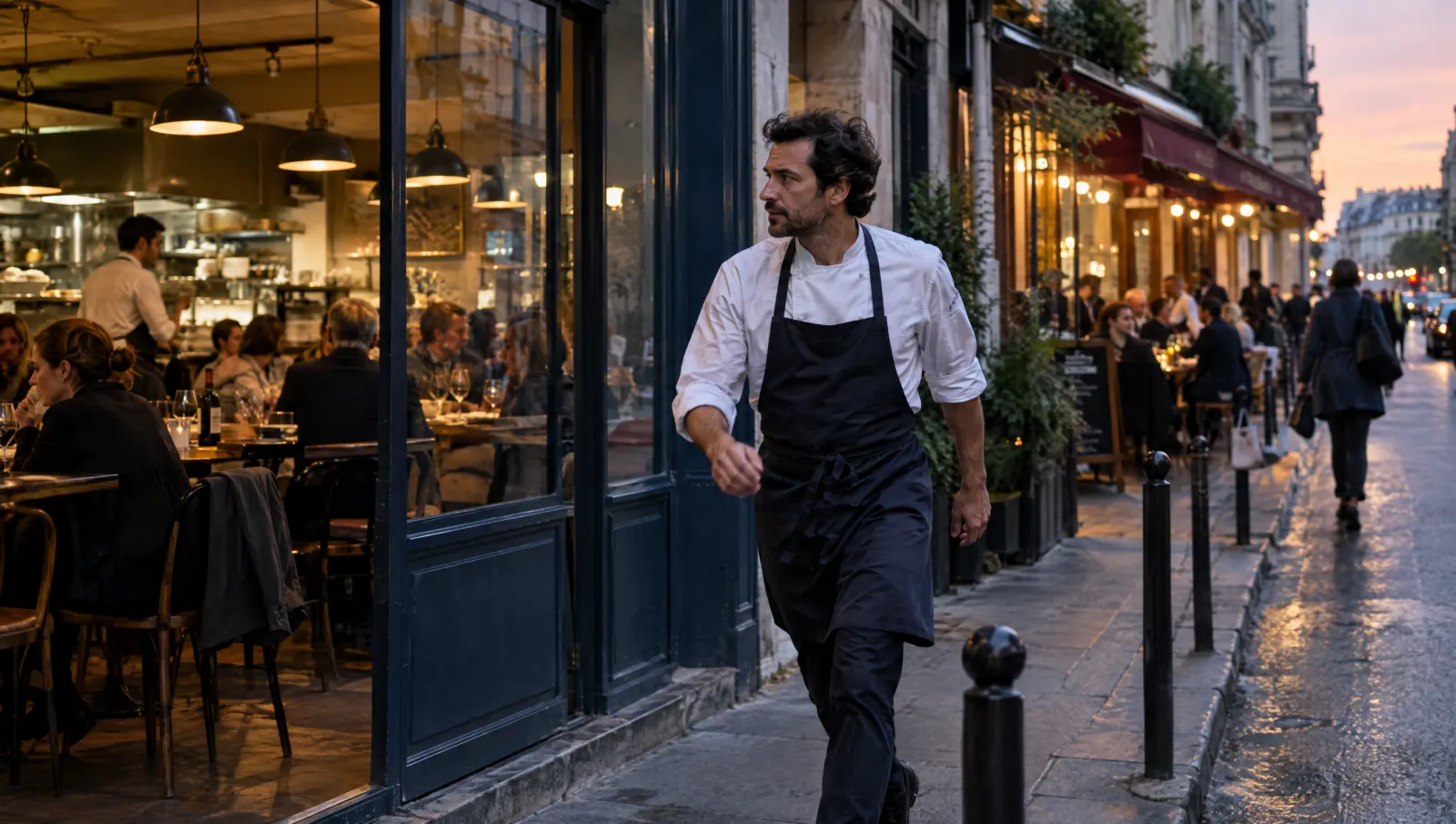 À la tombée du jour, le dirigeant marche d'un restaurant à l'autre