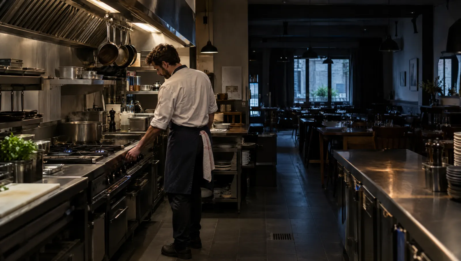 Au petit matin, un cuisinier allume les équipements et vérifie la ligne avant l'ouverture
