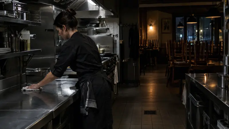 Tard le soir, une employée nettoie l'inox pour la fermeture, la salle est vide