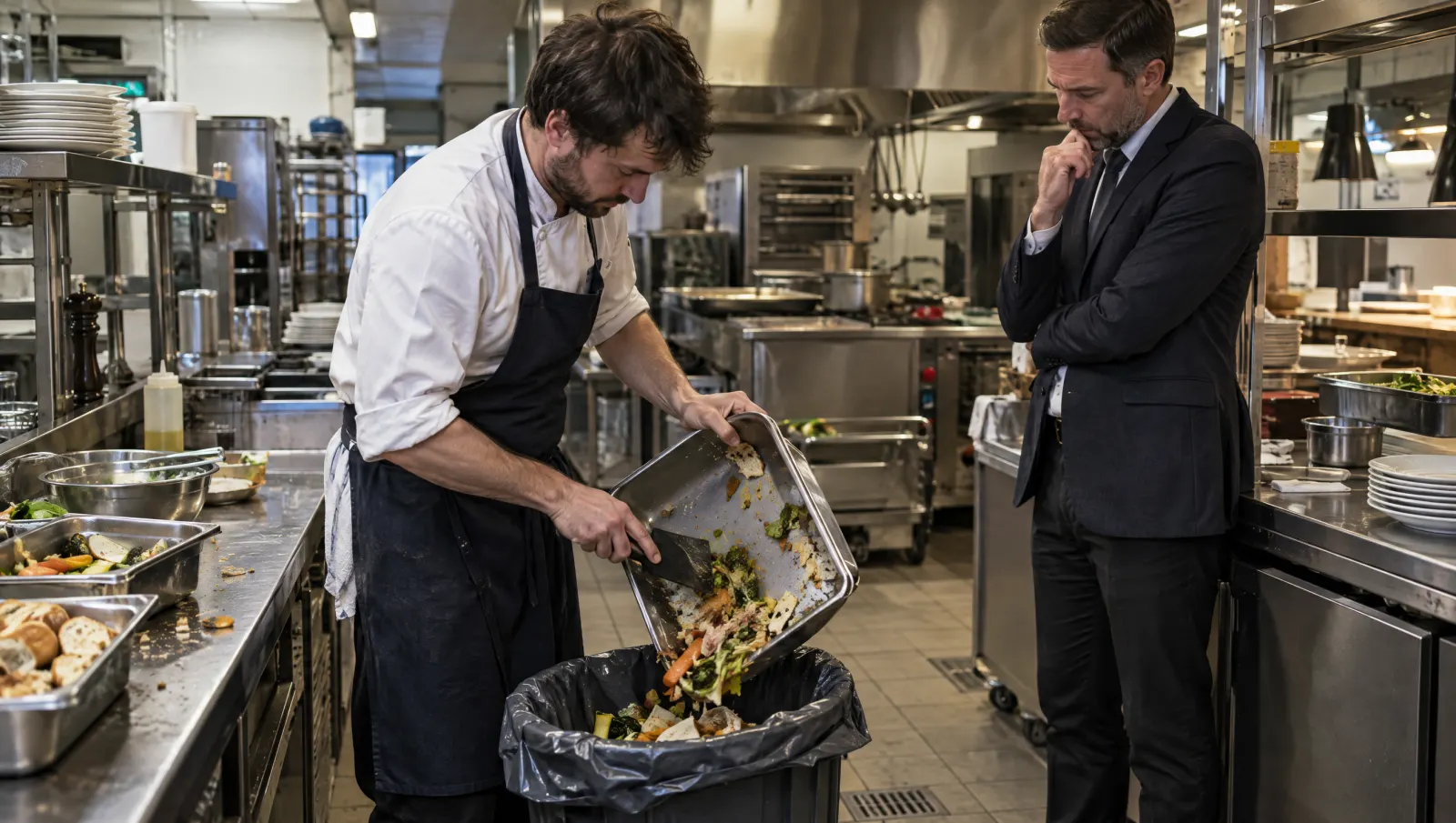 En fin de service, un cuisinier jette des préparations non utilisées sous le regard du manager
