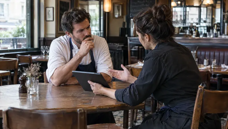 Deux associés discutent d'un logiciel entre deux services, tablette en main