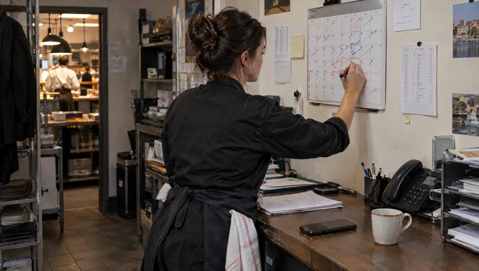 Dans le bureau, la manager annote un calendrier mural semaine après semaine