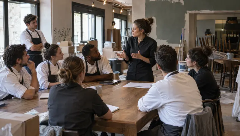 Quelques jours avant l'ouverture, la nouvelle équipe écoute la manager dans la salle encore en travaux