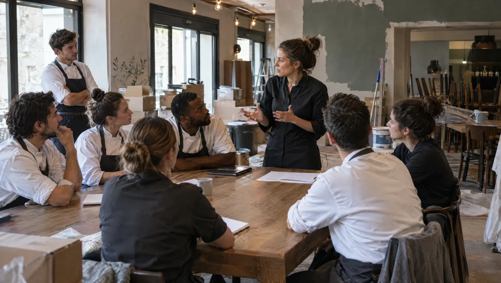Quelques jours avant l'ouverture, la nouvelle équipe écoute la manager dans la salle encore en travaux