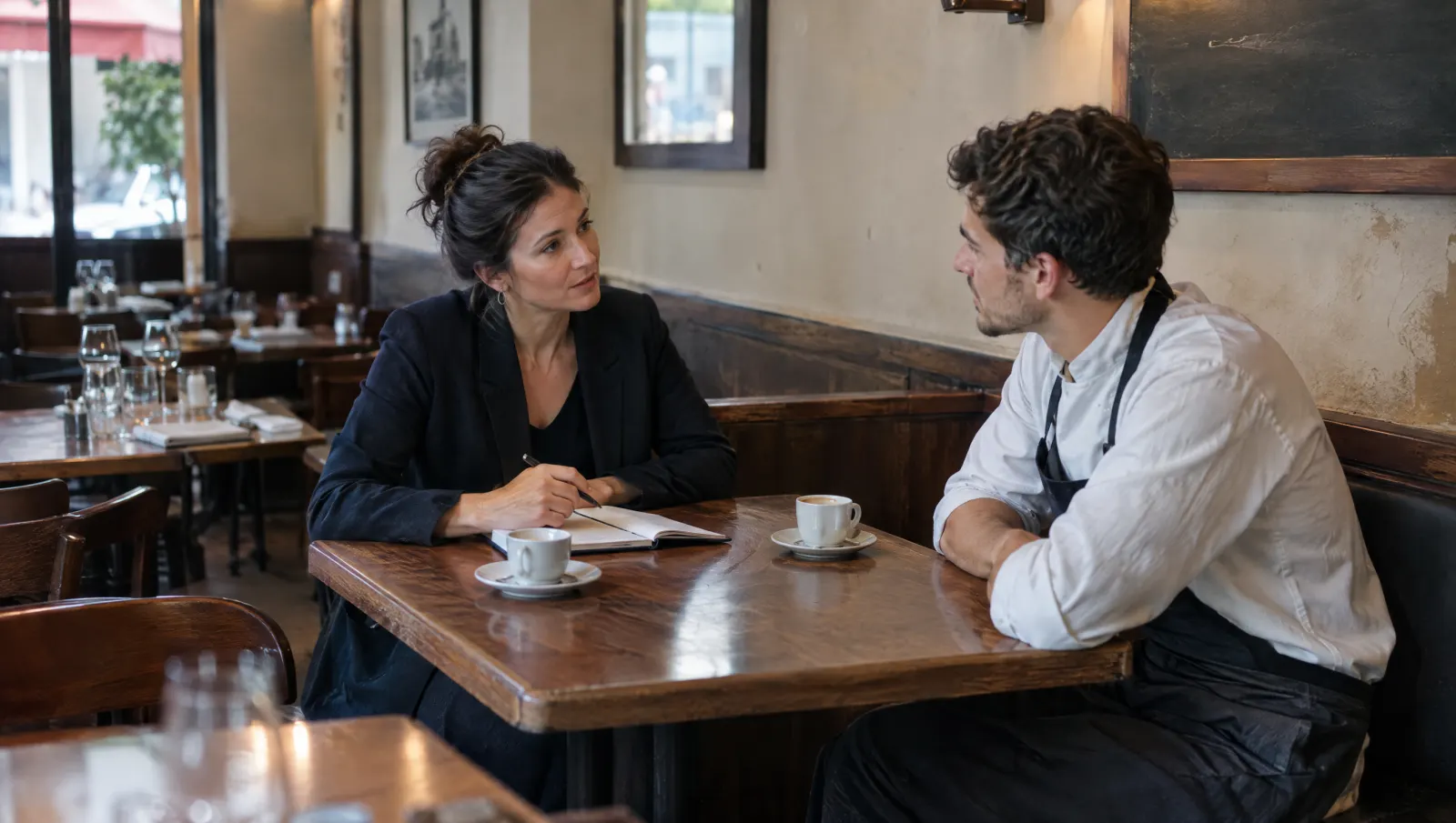 Dans la salle vide, une manager et un salarié échangent autour d'un café et d'un carnet