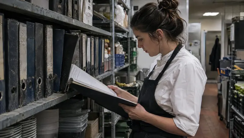 Une étagère de vieux classeurs de procédures, la manager en ouvre un