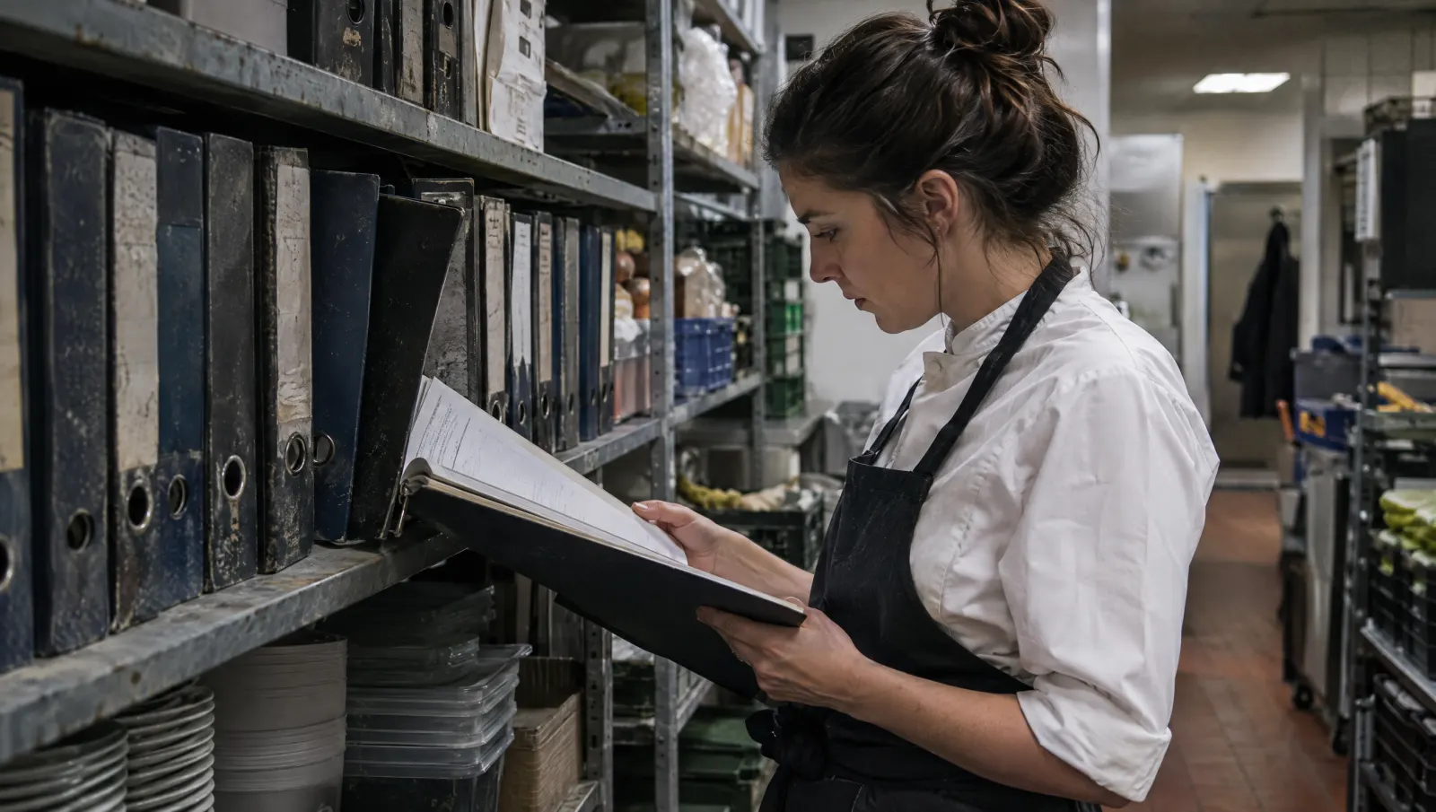 Une étagère de vieux classeurs de procédures, la manager en ouvre un