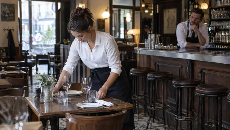 Une nouvelle serveuse dresse seule une table, une collègue l'observe depuis le bar