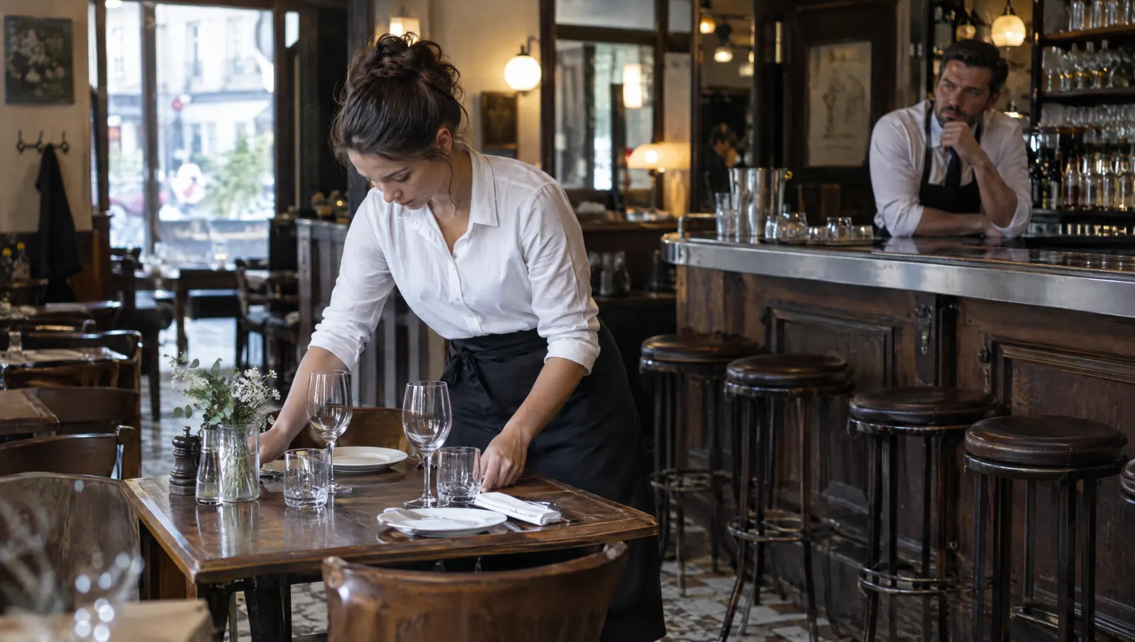 Une nouvelle serveuse dresse seule une table, une collègue l'observe depuis le bar