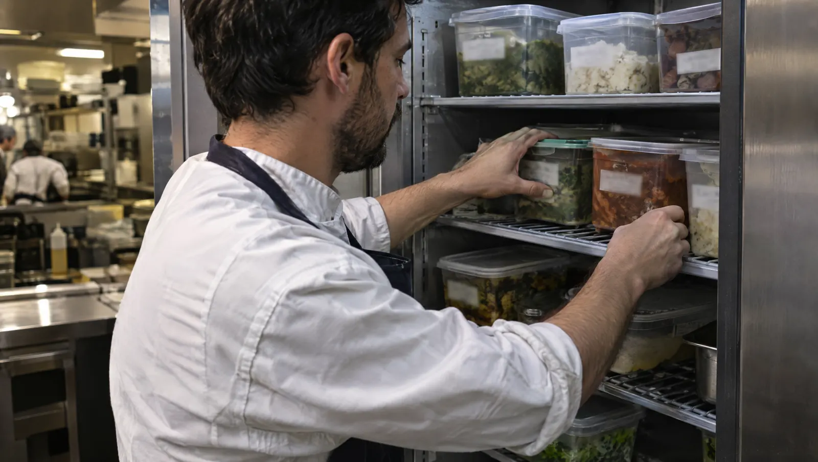 Un cuisinier range le frigo du poste en faisant passer les produits les plus anciens devant