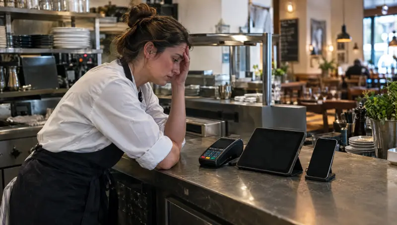 Derrière le comptoir, plusieurs appareils s'accumulent sous le regard las de la manager