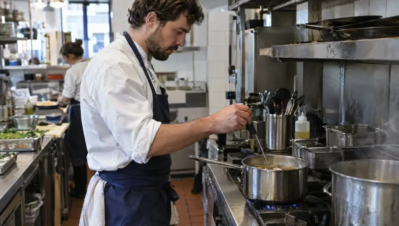 Pendant la mise en place, un cuisinier prend la température d'une préparation à la sonde