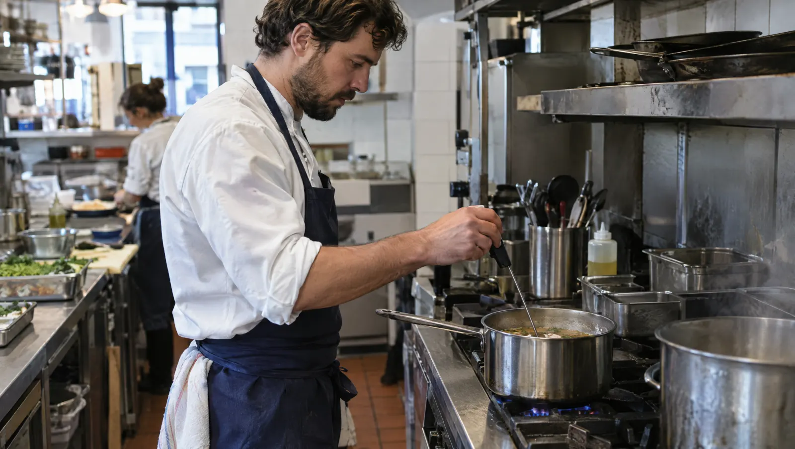 Pendant la mise en place, un cuisinier prend la température d'une préparation à la sonde