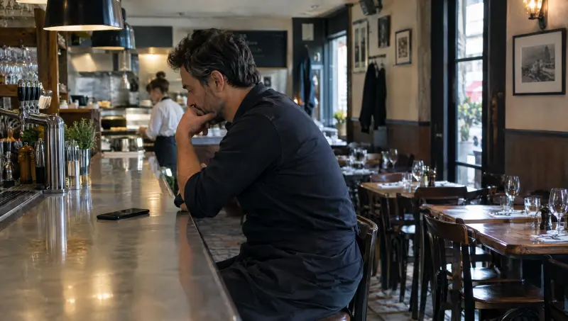 Le dirigeant réfléchit seul au bar, téléphone posé, avant de prendre une décision