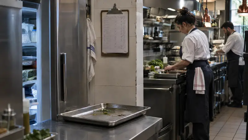 Le classeur de contrôles est rempli, mais une porte de frigo reste entrouverte