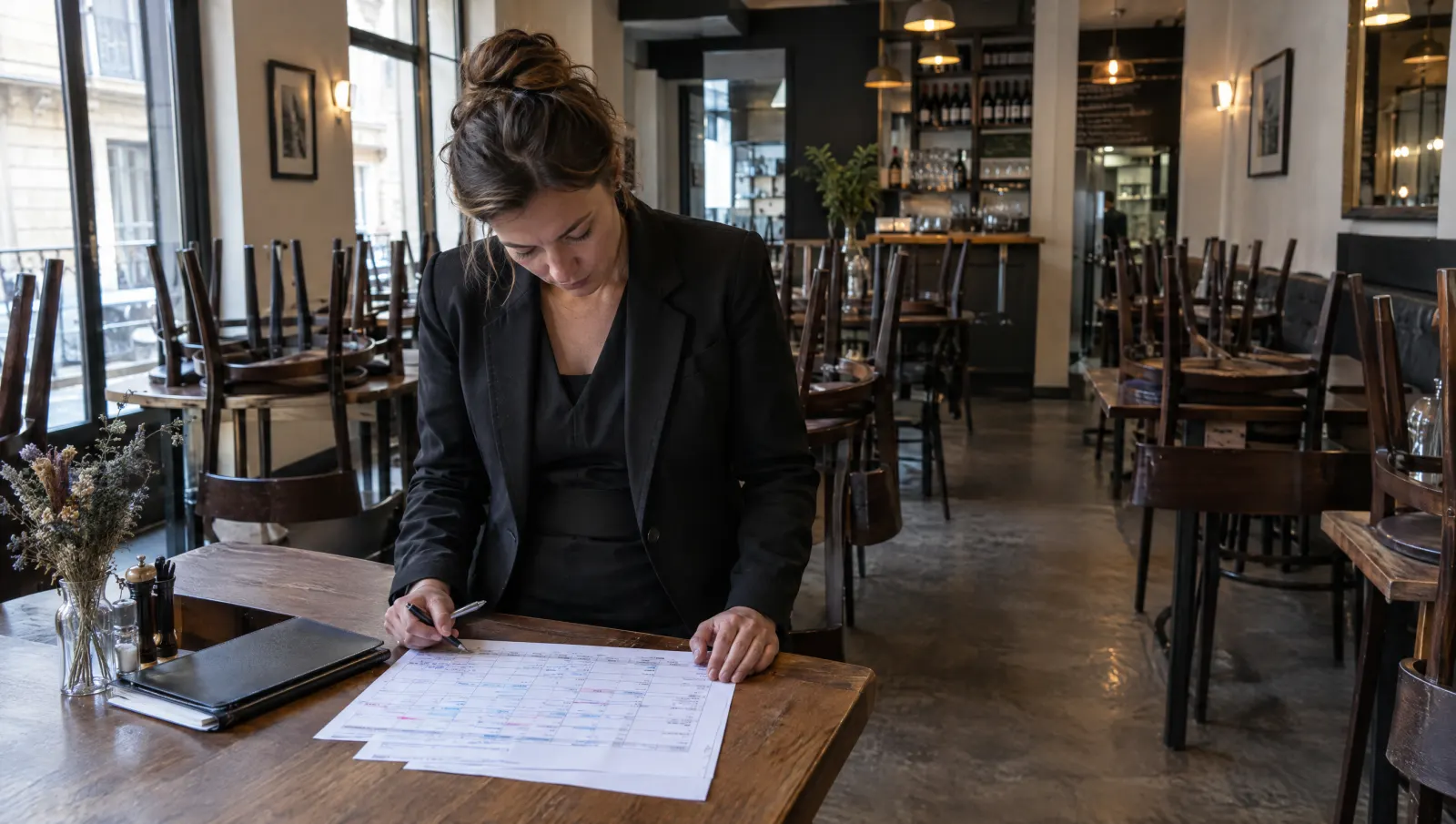 Avant l'ouverture, une manager relit le planning de la semaine corrigé à la main