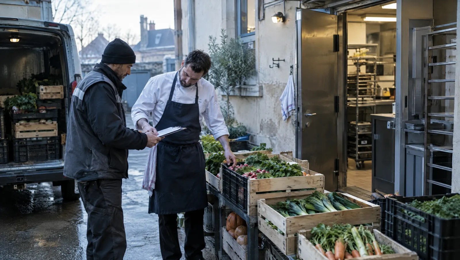 Au petit matin, le chef vérifie une livraison de légumes à la porte de service