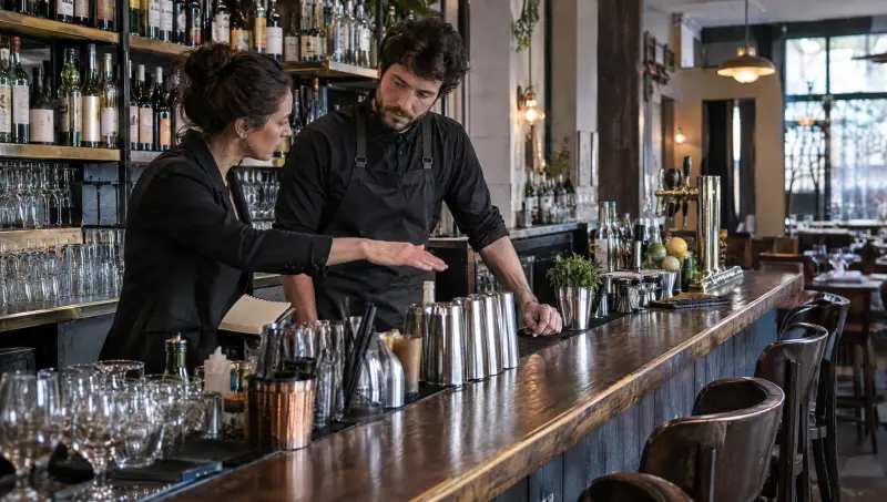 Avant l'ouverture, une manager et un barman conviennent d'un point concret derrière le bar