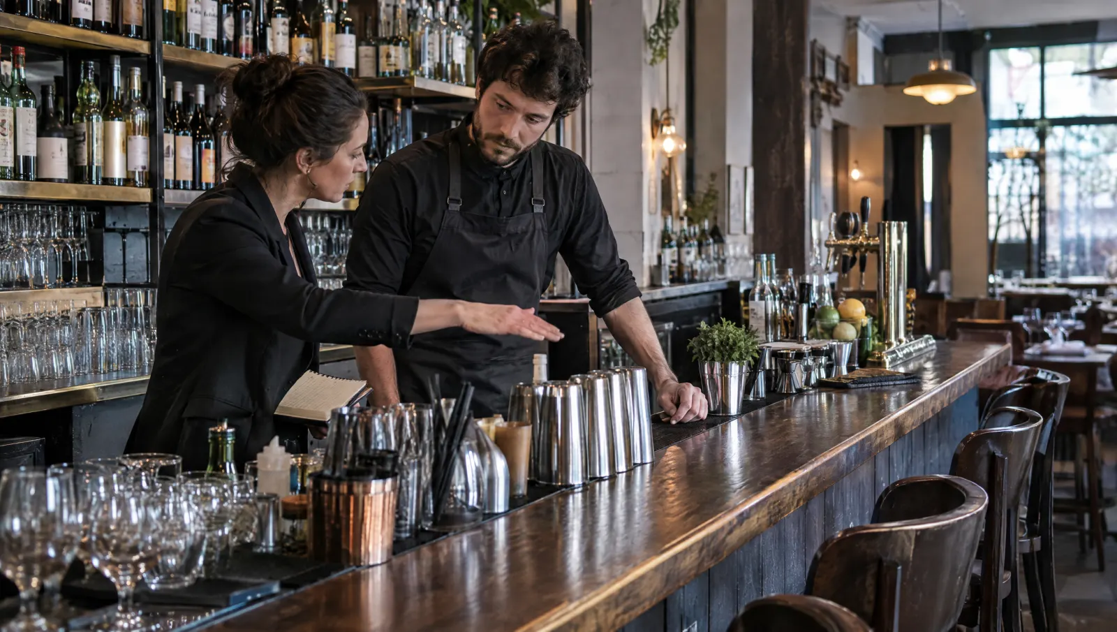 Avant l'ouverture, une manager et un barman conviennent d'un point concret derrière le bar
