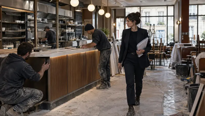 Un nouveau restaurant en travaux, la manager fait le tour avec ses plans