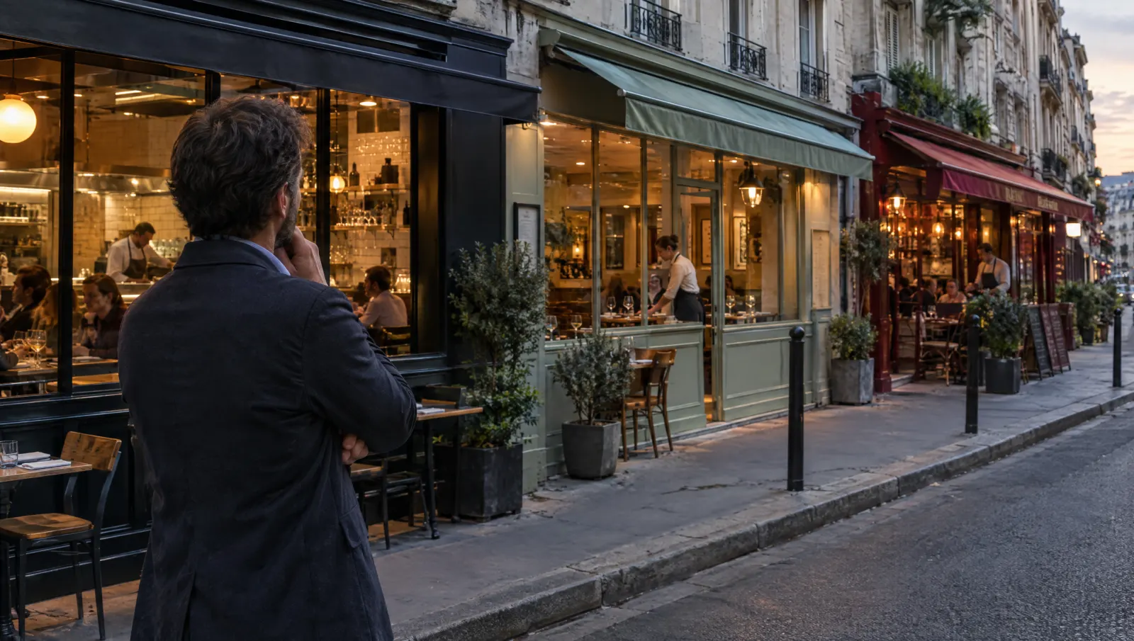 Sur le trottoir, le dirigeant regarde ses enseignes alignées le long de la rue