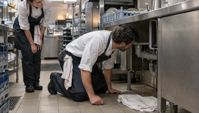 Un cuisinier constate à nouveau une fuite sous le poste de plonge