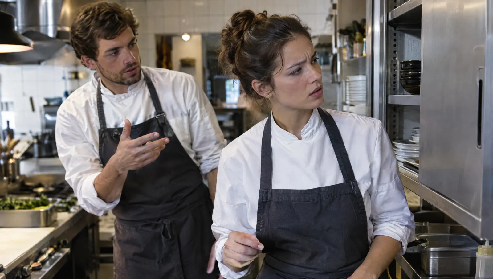 Une nouvelle employée hésite devant un placard, une collègue s'apprête à lui expliquer