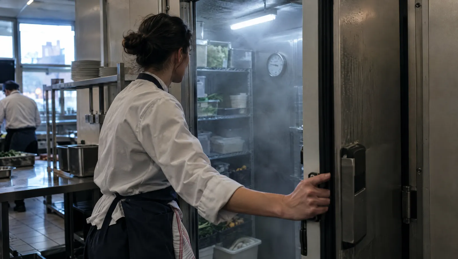 Une main ouvre la porte de la chambre froide pour le relevé du matin