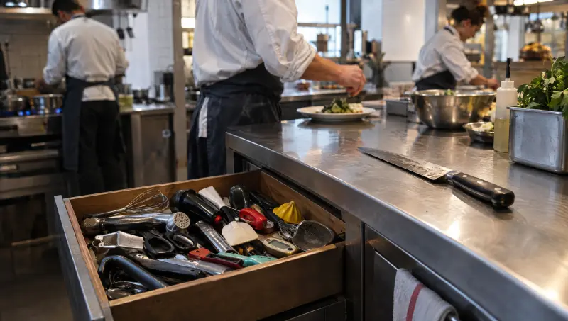 Un tiroir de gadgets multifonctions à côté d'un seul couteau de chef bien entretenu