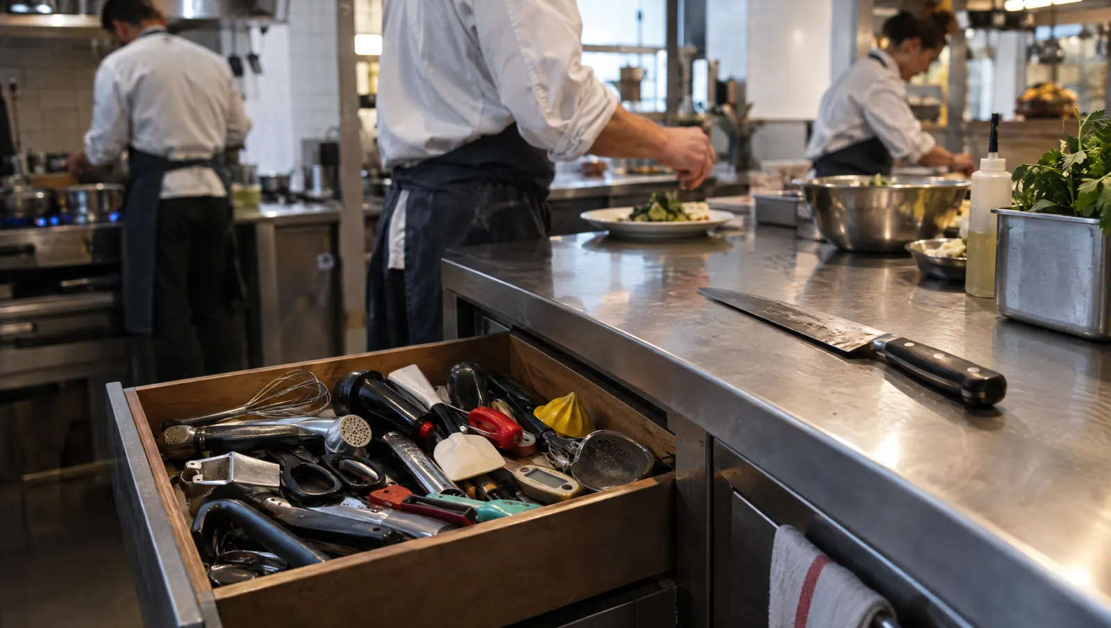 Un tiroir de gadgets multifonctions à côté d'un seul couteau de chef bien entretenu