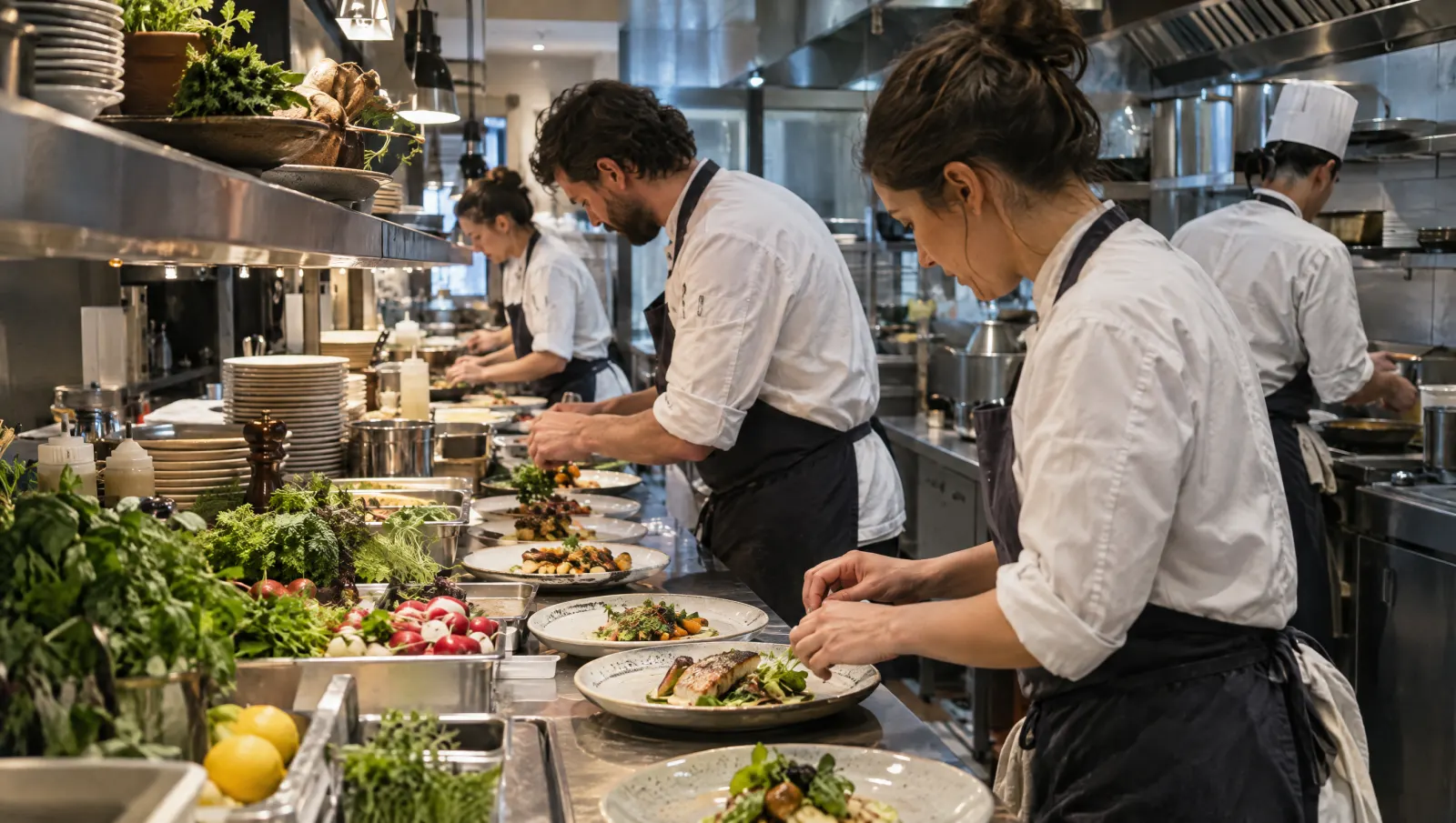 En plein service du midi, la brigade dresse les assiettes au passe