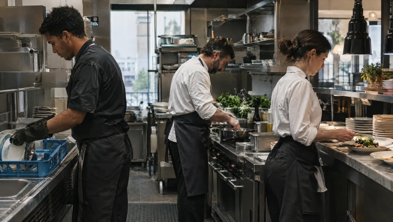 Plongeur, cuisinier et serveur chacun à son poste pendant la mise en place