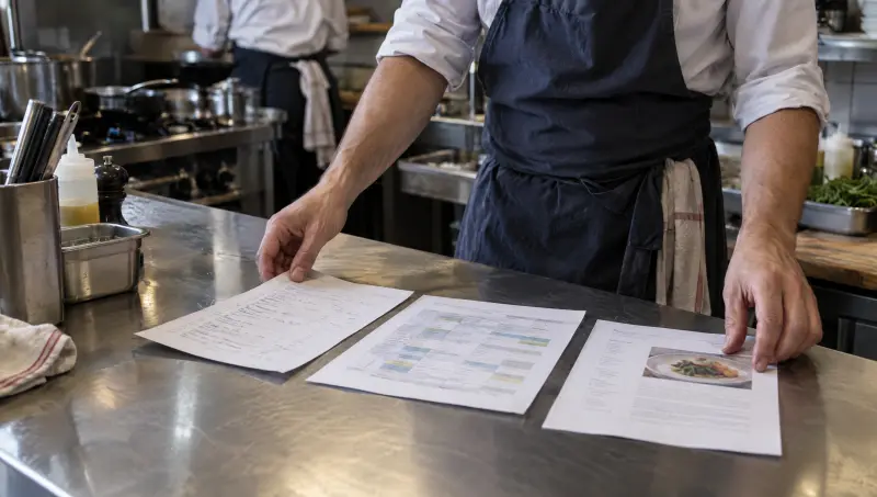 Trois documents posés sur l'inox : une checklist, un planning, une fiche recette