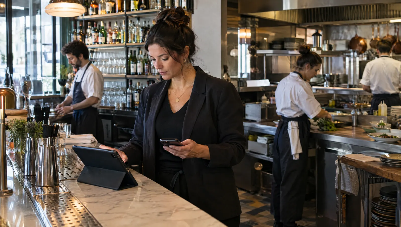 Au bar, la manager passe calmement de la tablette au téléphone