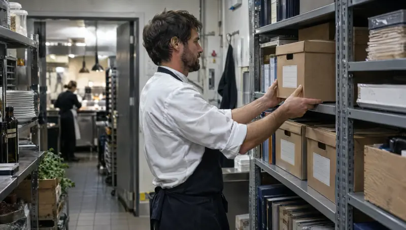 Le dirigeant range une boîte d'archives sur l'étagère de la réserve