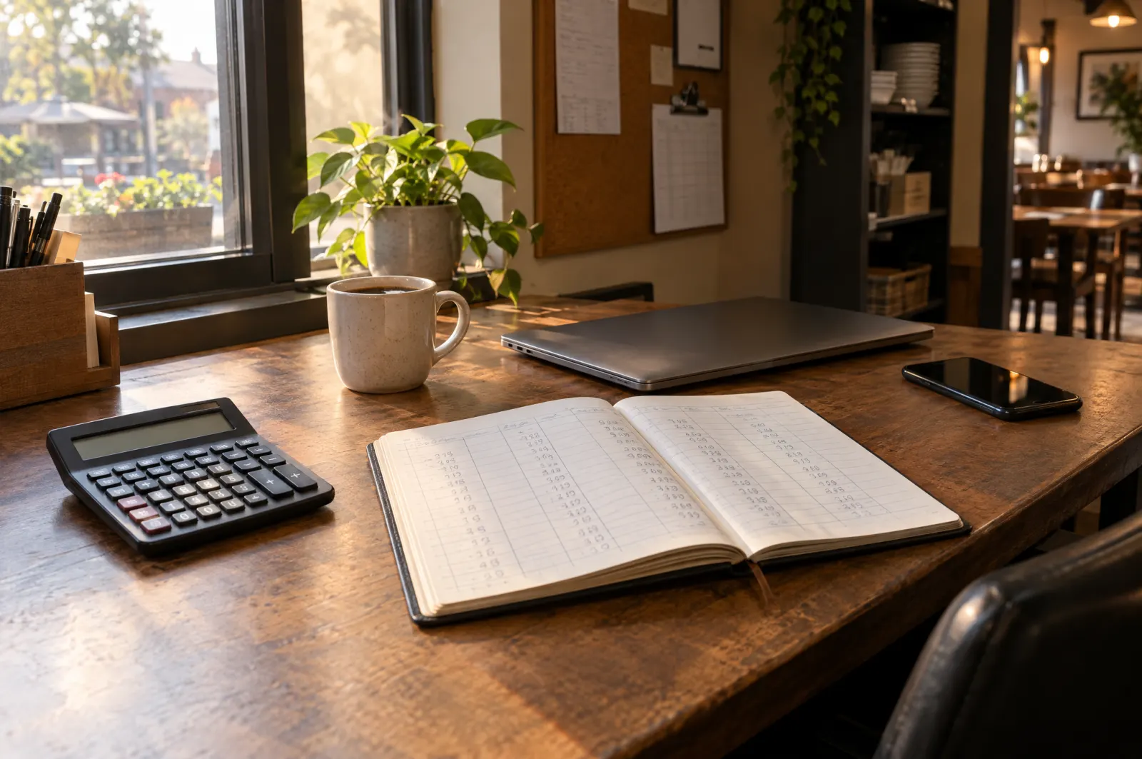 The owner’s desk in the morning: calculator, notebook and coffee.
