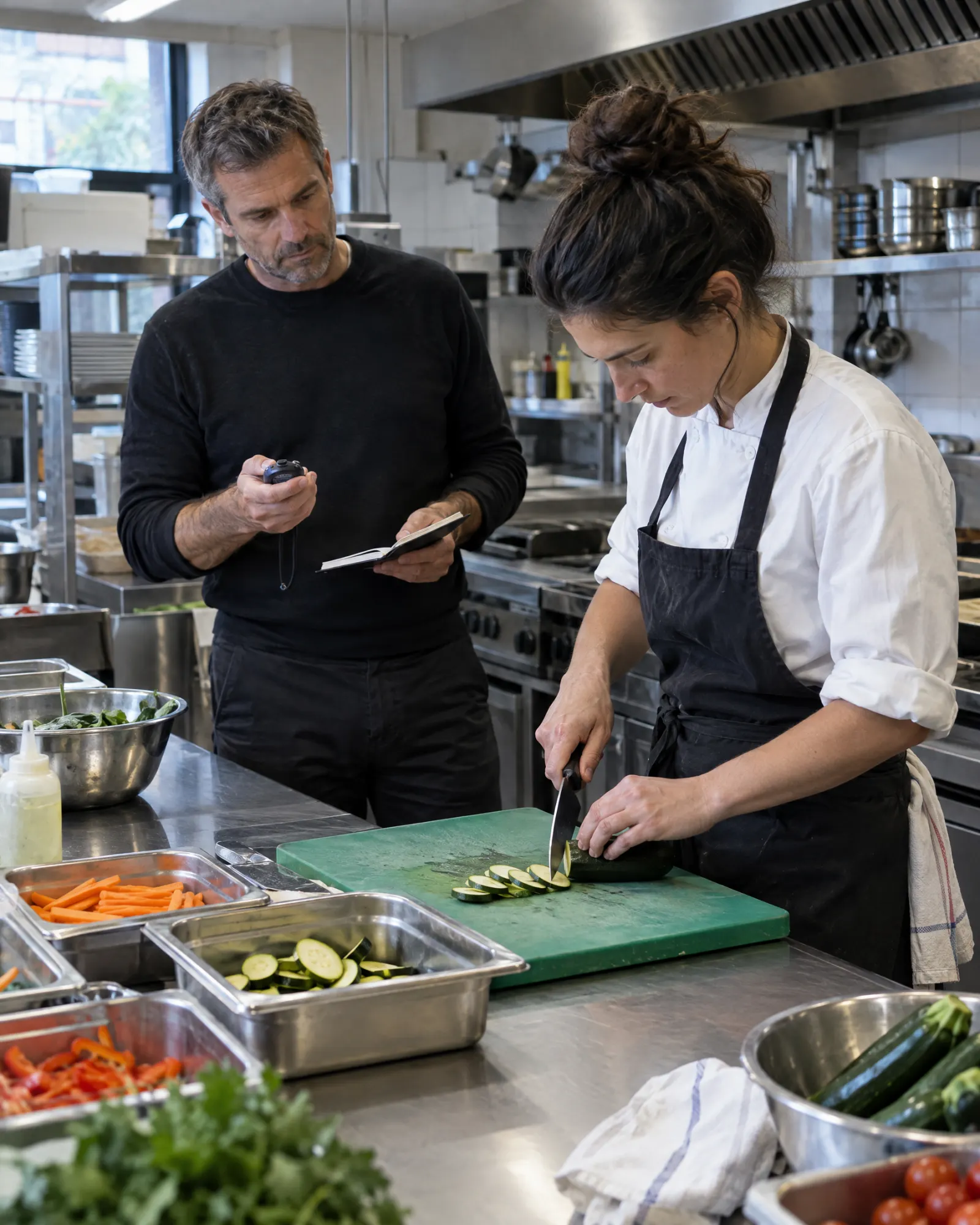A person times a prep task in the kitchen, notebook in hand.