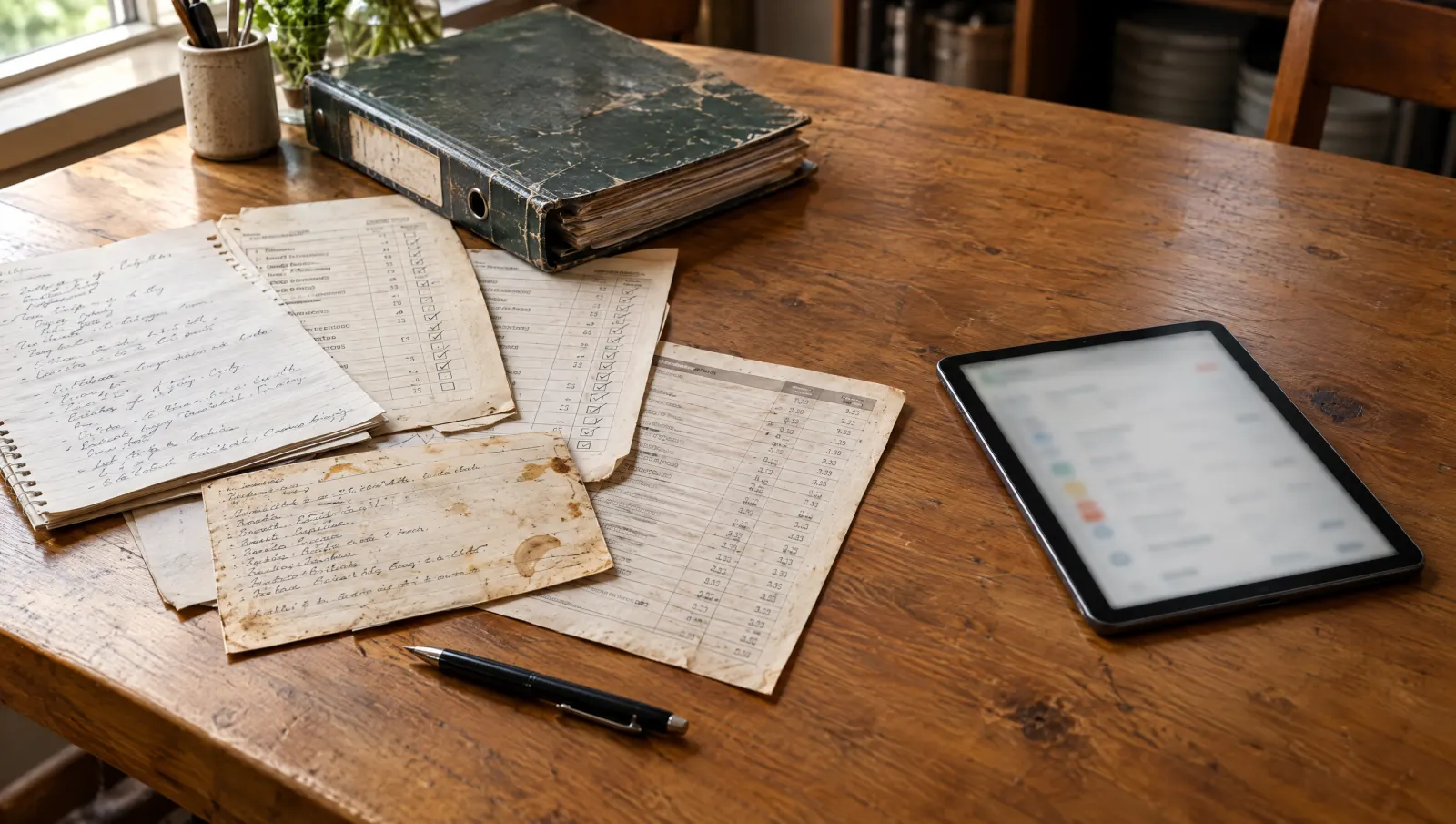 Papiers, classeur et mercuriale d'un côté, tablette de l'autre, sur une table en bois