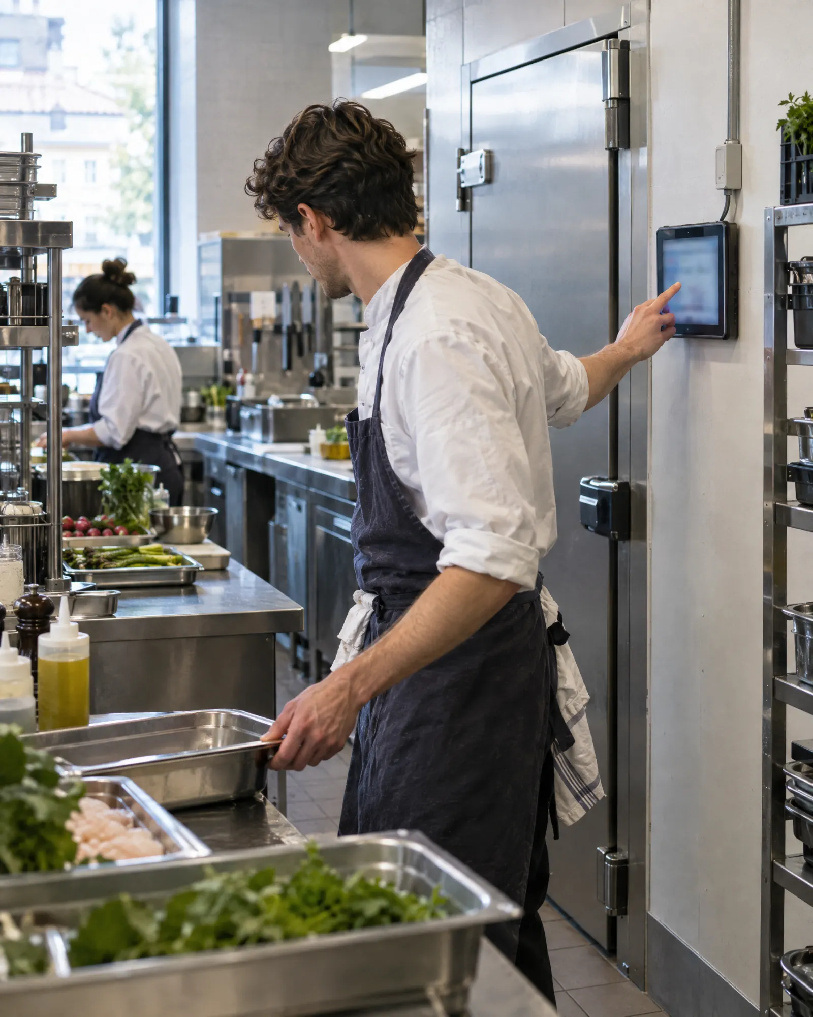 A kitchen worker taps a wall tablet, then goes straight back to prep.