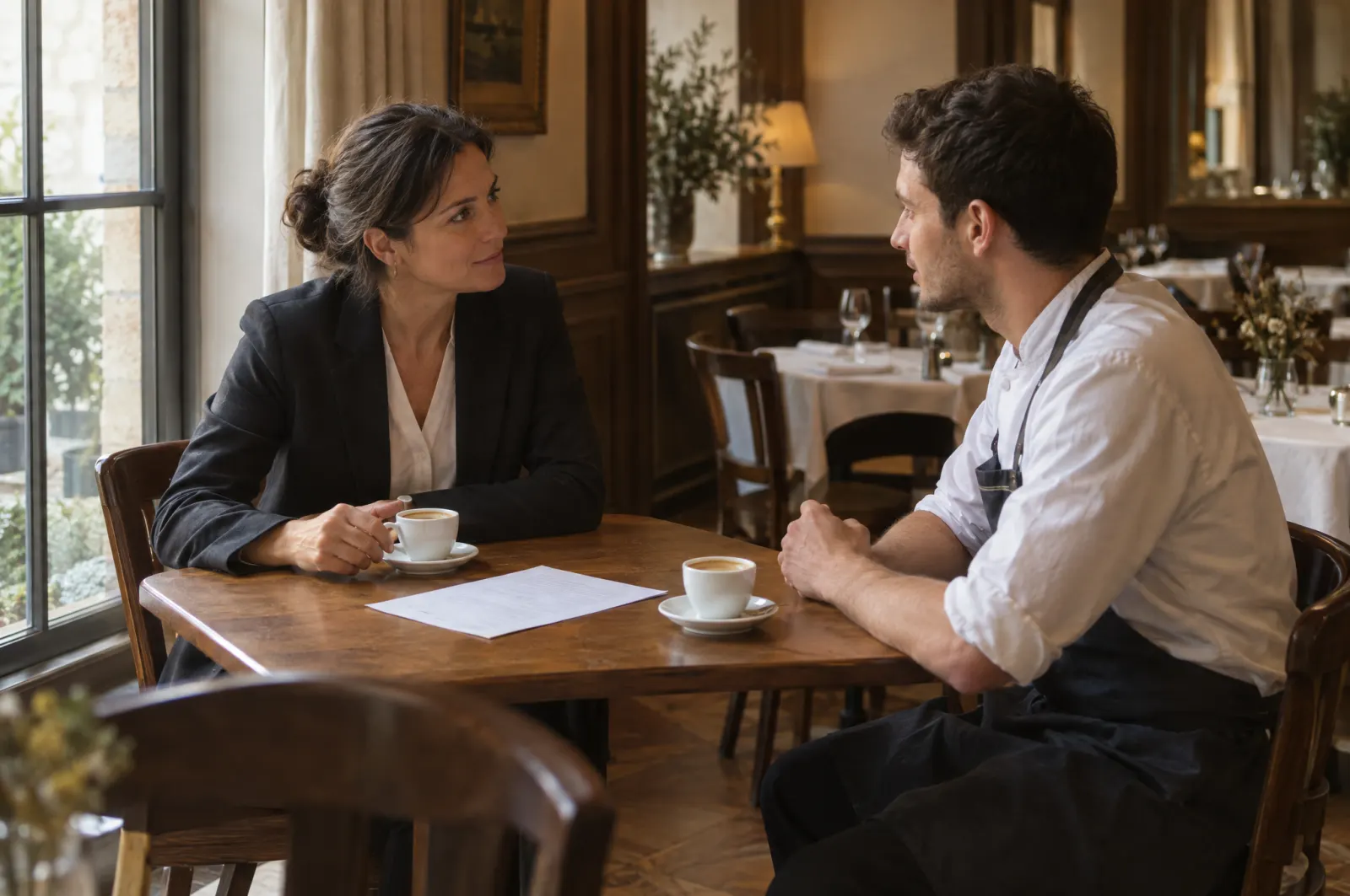 Un manager et un salarié échangent au calme, deux cafés et une feuille sur la table.