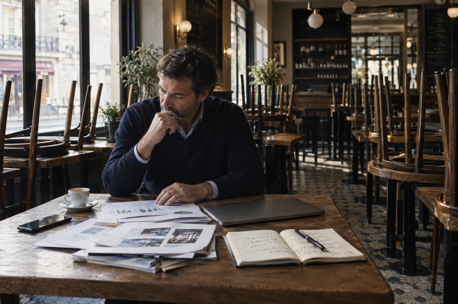 La personne qui dirige, seule avant l'ouverture : café, téléphone, rapports et notes