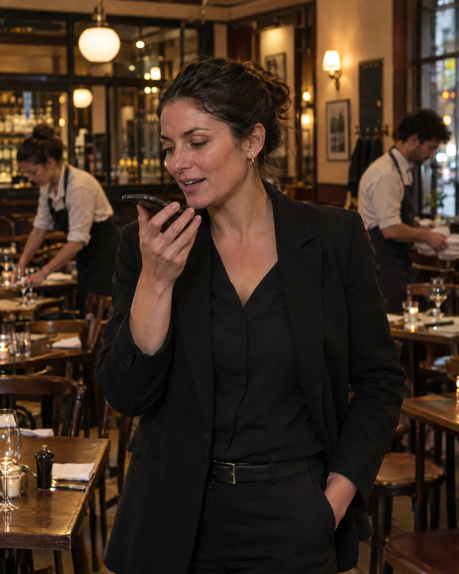 A manager records a voice note after service while staff reset the dining room.