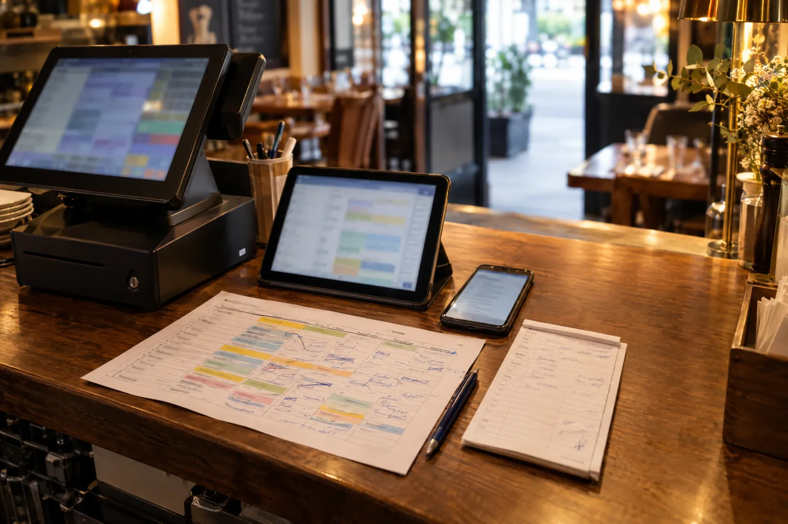 Comptoir de restaurant avec caisse, tablette, téléphone, planning papier et bon de livraison.