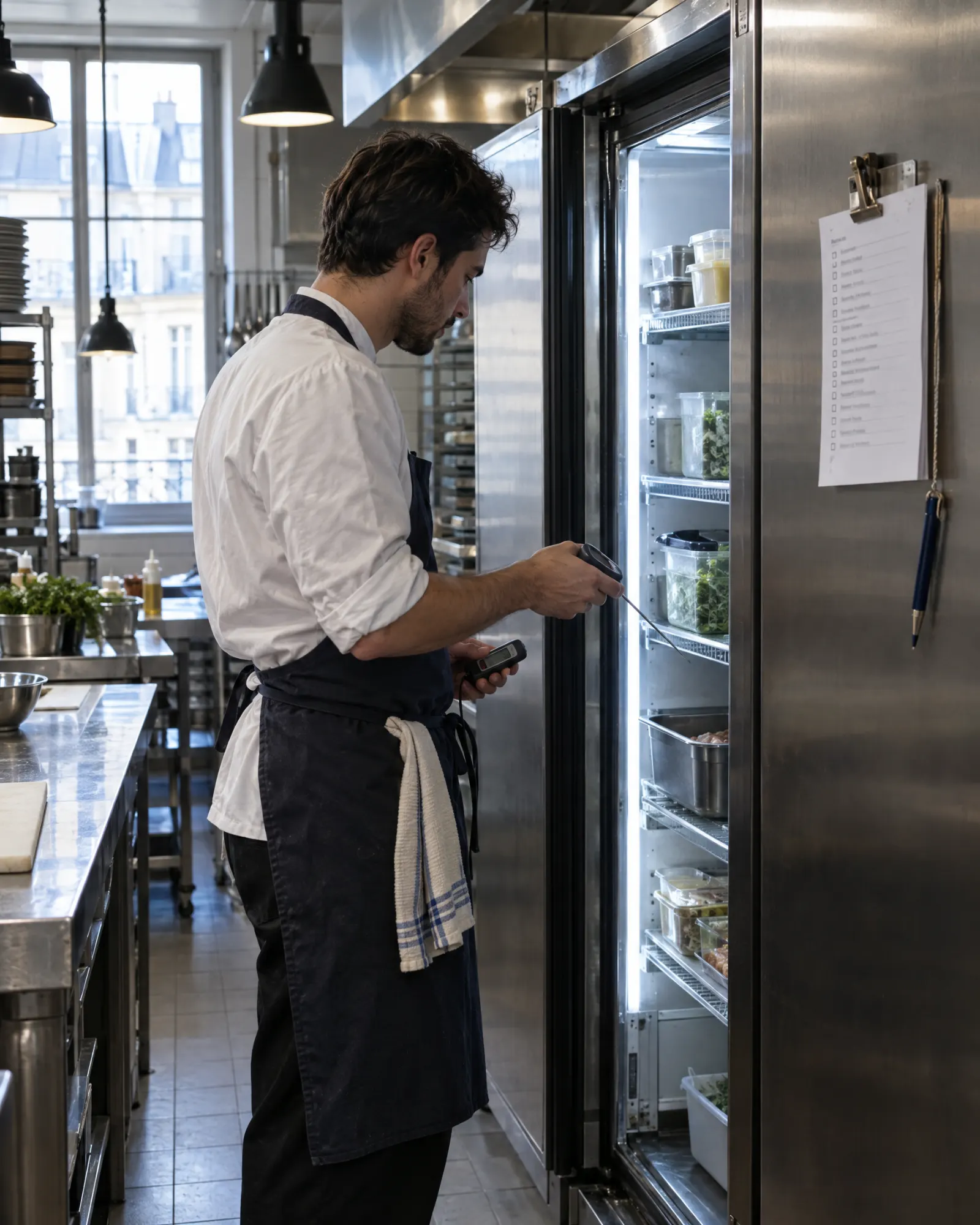 A team member checks a fridge at opening, the paper checklist lying beside it.