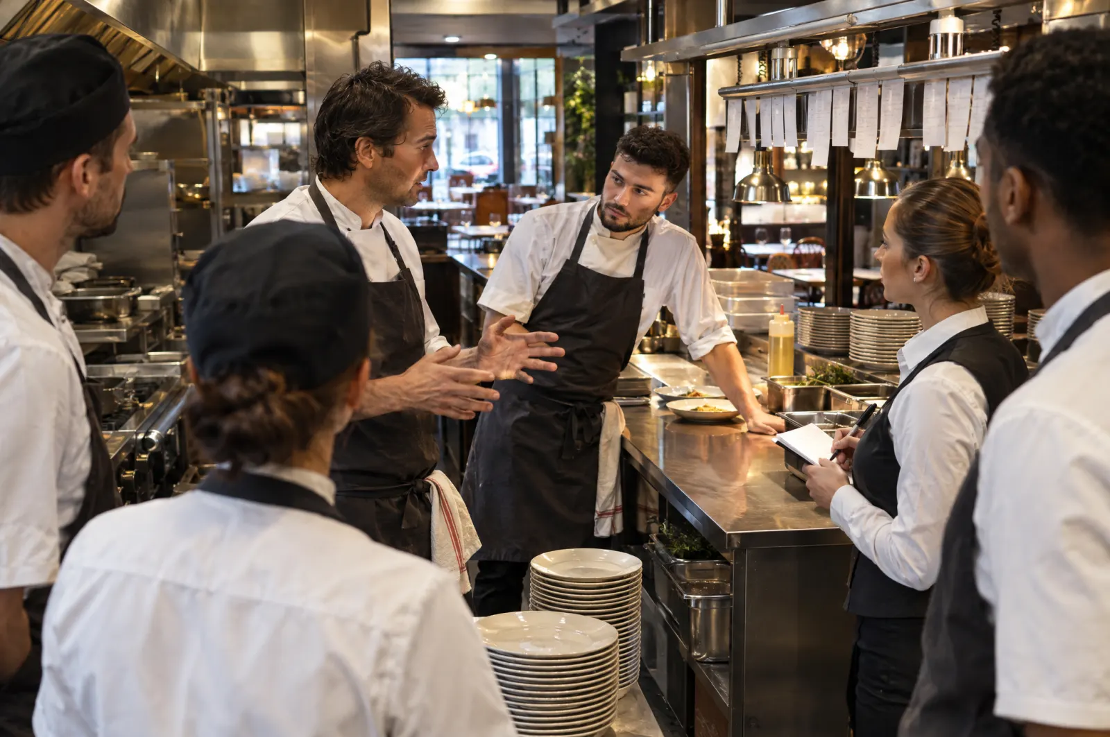 Brief d'avant service au passe : cuisine et salle réunies autour du responsable du site