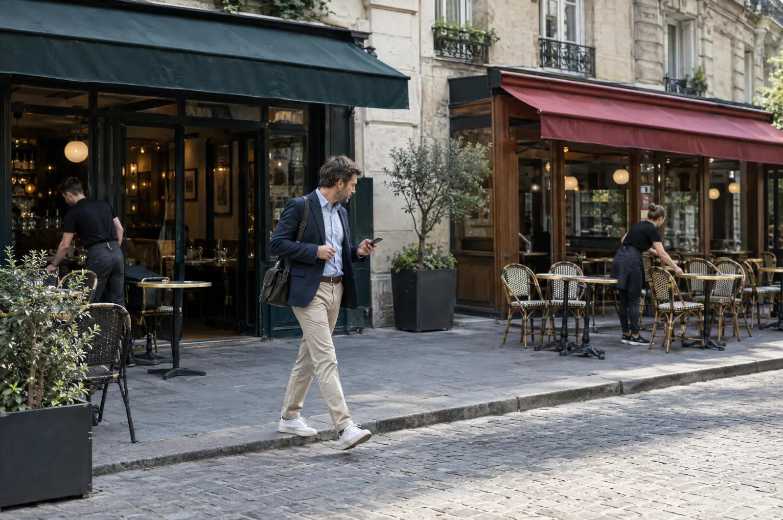 The person who supervises several restaurants walks from one site to the next, on the street.