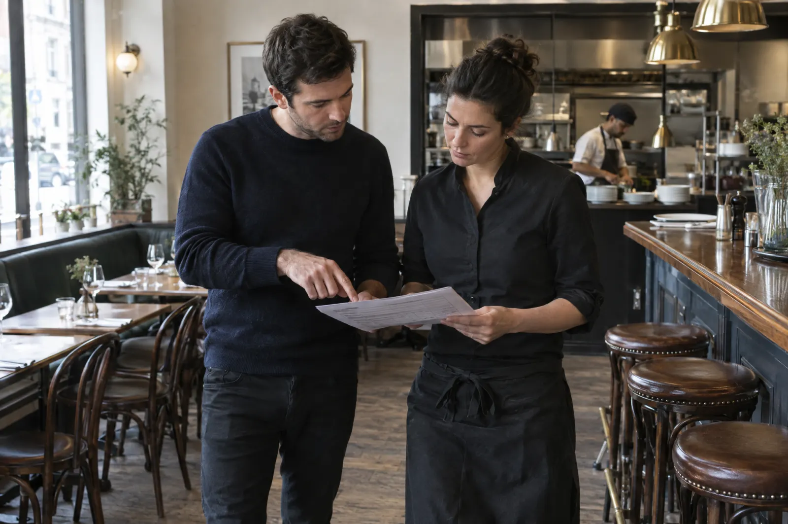 Revue de la checklist d’ouverture en salle, avec le manager du site.