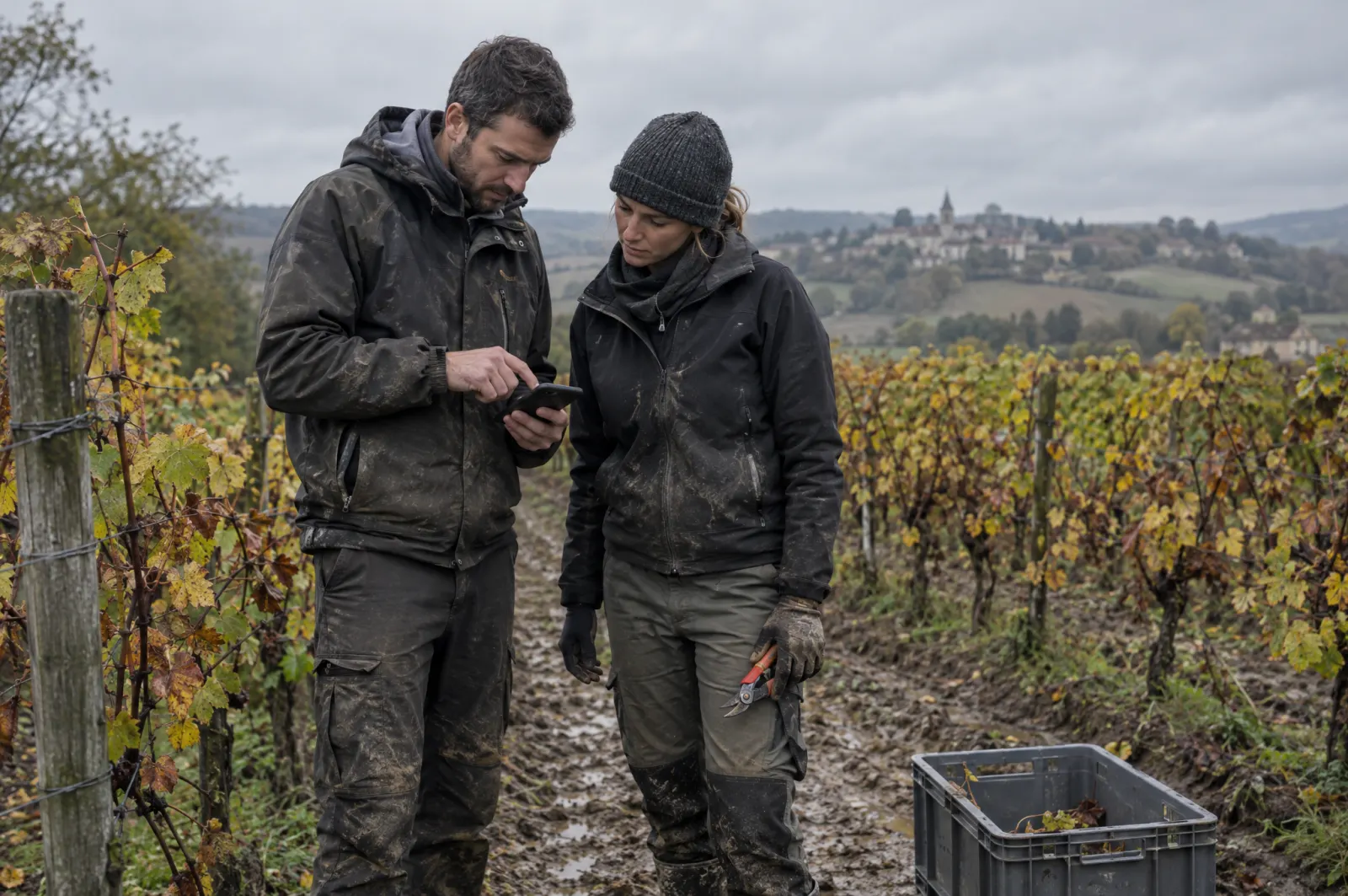 En bordure de vigne, deux personnes relisent sur un téléphone une tâche de parcelle